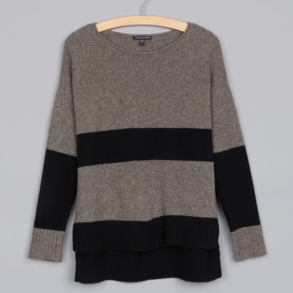 Eileen Fisher Petite Small SUPERSOFT YAK wool WIDE STRIPE PULLOVER brown black